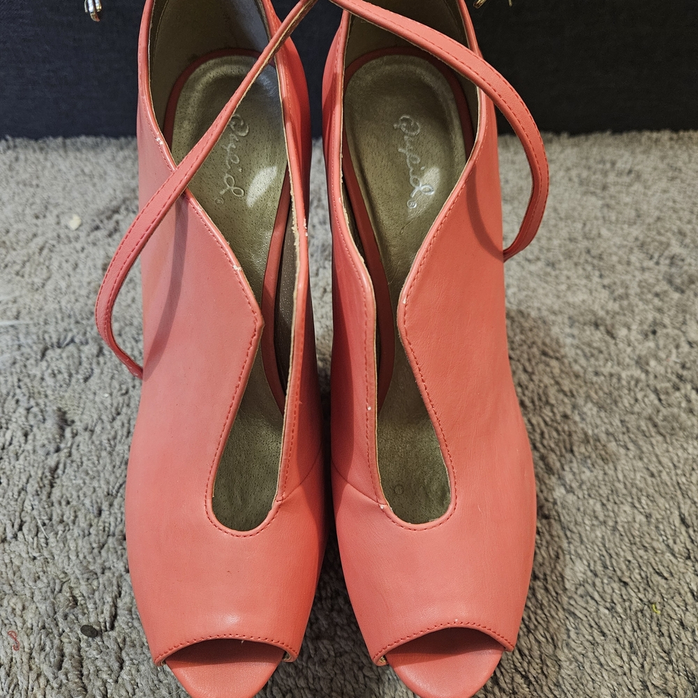 Qupid Coral Peep Toe Heels